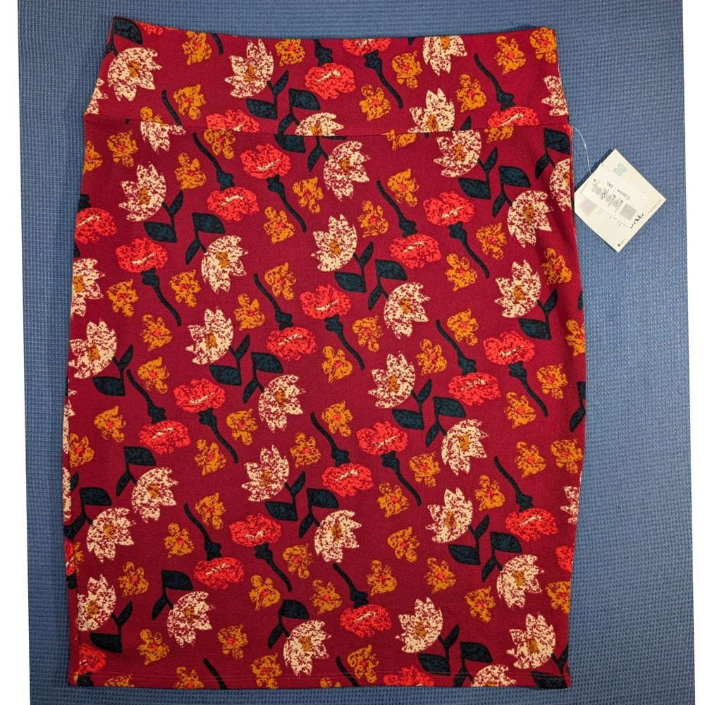 LuLaRoe Cassie Pencil Skirt 3XL Burgundy Floral Knit Stretch Midi Skirt NWT